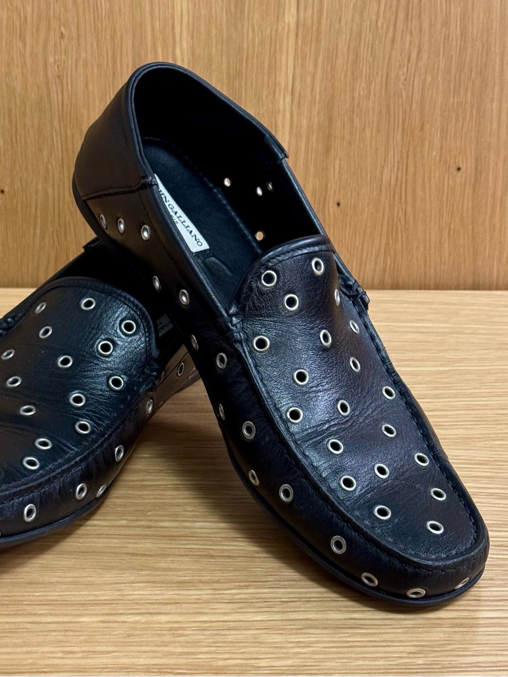 John Galliano Black Leather Loafers w Silver Grommets, Men’s EU 41.5 / US 8-8.5
